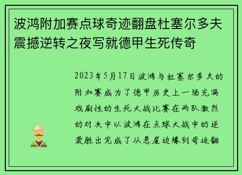 波鸿附加赛点球奇迹翻盘杜塞尔多夫震撼逆转之夜写就德甲生死传奇